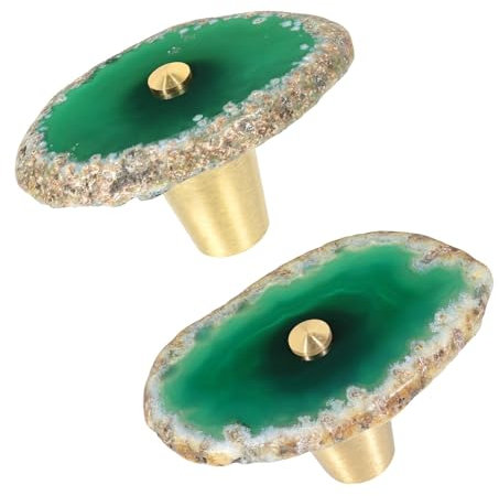 KYEYGWO Natural Green Agate Slice Cabinet Knobs, Set of 2 Decorative Drawer Pull Handles for Dresser Wardrobe Cupboard