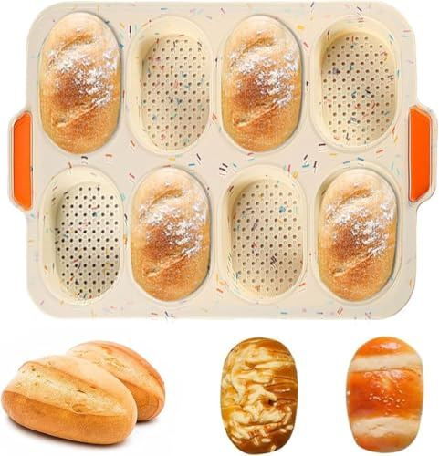 ACTIUSIS Brötchen Backform Silikon, Brötchenbackformen, Backform Brötchen, Antihaft Backblech Brotbackformen, für Backt French-Bread, Brötchen und Breadstick, für 8 Brötchen