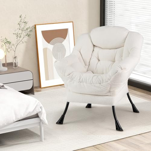 COSTWAY Fauteuil Salon Scandinave Relax en Sherpa avec Oreiller et Poche Latérale, pour Lecture, Cadre en Métal pour Charger 150 KG (Beige)
