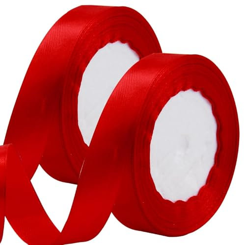 Ruban Rouge Noel 2 Rouleaux, 2 CM X 22M Satin, Emballage pour Cadeau de Noël, Fête, Mariage, Saint-Valentin, Gâteau, Bouquet