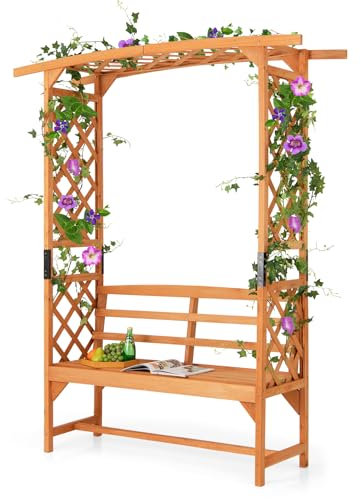 GOPLUS Rosenbogen mit Bank, 2-Sitzer Gartenbank Holz, Torbogen Rankgitter für Rosen & Kletterpflanzen, Garten Pergola Gartenbogen Torbogen für Garten Hinterhof, Natur (L: 160 x 50 x 199 cm)