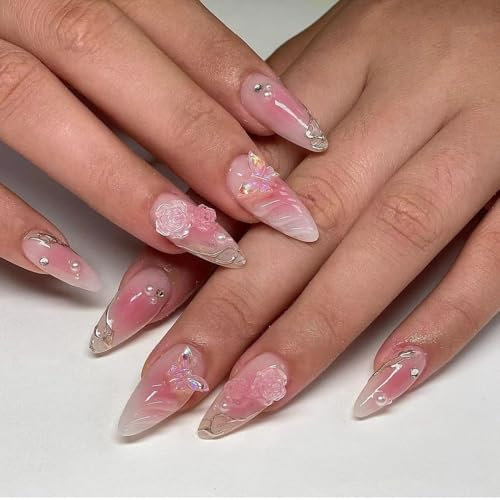 JUSTOTRY 24 Pcs Butterfly Almond False Nails Short,Press on Nails with 3D Sculpting Metallic Pattern,Glossy Pink Fake Nails Medium for Nail Art,French Oval Pearls Stick on Nail for Women Gifts