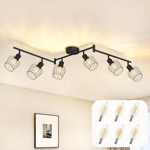 Lichtmaler Deckenspot 6 Flammig Deckenstrahler Vintage - Deckenleuchten E14 Schwarz Spotlampe Industrie Drehbar 350° für Küchen Schlafzimmer Wohnzimmer(mit Leuchtmittel)