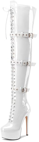 Castamere Donna Sopra il Ginocchio Spillo Tacco Heel Piattaforma Stivali Rotonda Punta Lacci Fibbia Cerniera Stivali 15 CM Heels Bianco 38 EU