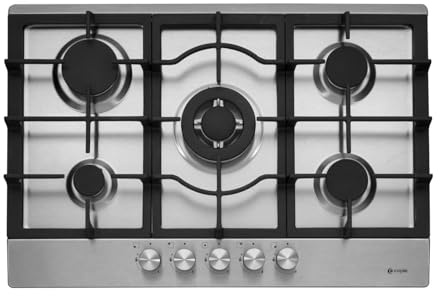 C768G 75cm Gas Hob – 5 Burner Black Glass Hob with Cast Iron Pan Supports, Flame Safety Device, Auto Ignition, LPG Convertible, Stylish Built-In Gas Hob
