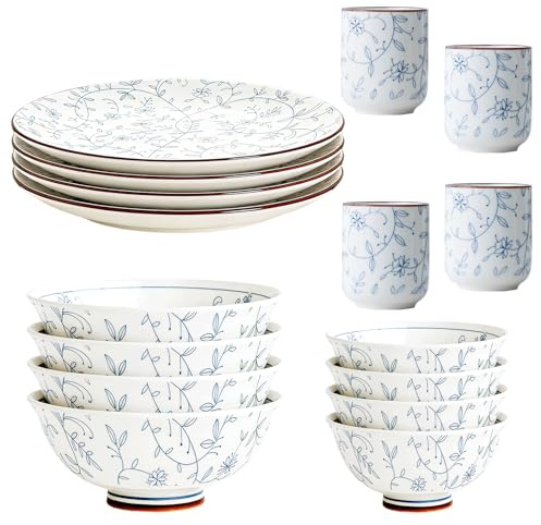 Kithing 16-Piece Dinner Set,Plates, Bowls and Cups Ceramic Kitchen Dinnerware Sets with Dessert/Soup/Dinner Plates，Blue Floral Pattern Dinnerware Set for Dining& Restaurant Use，Two of Each Style