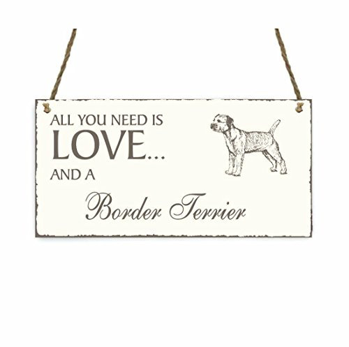 Decorative wooden door sign with All you need is love and a border terrier dog in shabby vintage style