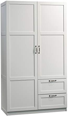 Sauder Select Multipurpose Bedroom Armoire Wardrobe Closet Pantry Storage Cabinet with Storage Drawers and Hanging Rail, in Soft White finish