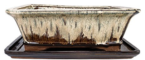 exotenherz - Bonsai-Schale mit Unterteller Gr. 4 - Sonderglasur mit edlem Farbverlauf-Effekt - eckig - Creme/braun - L 26cm - B 20cm - H 8cm