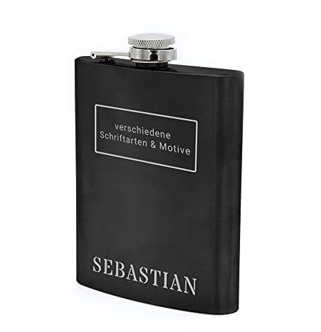Flachmann mit Namens Gravur, Edelstahl, individuelle Geschenkidee zur Hochzeit, zum Geburtstag oder mehr! (Schwarz)
