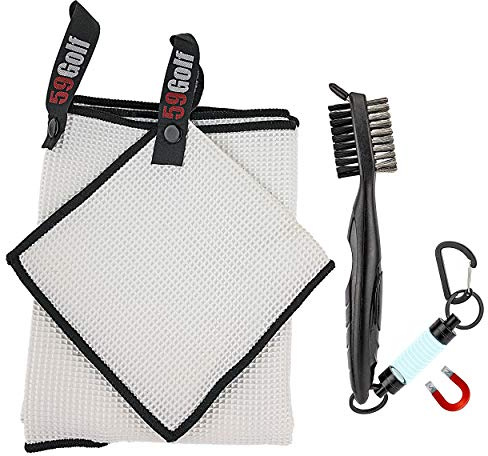 59Golf - Golf club cleaning kit : golf club brush + golf club towel + golf ball towel + magnetic keychain (White Towels)