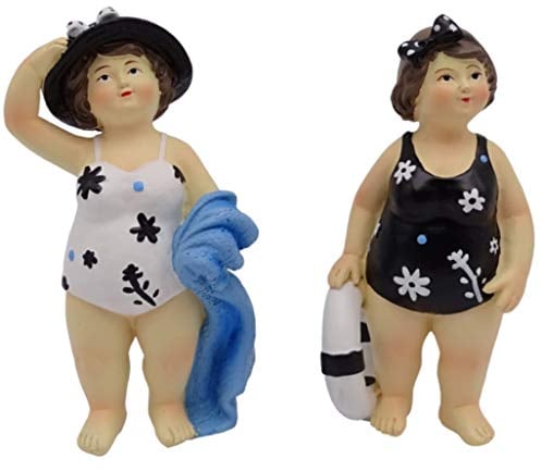 Quaytrader Set mit 2 Stück – Süße Plump Beach Lady Schwimmer / Badesachen – Baddekoration / Figuren – Blau & Weiß – 12 cm