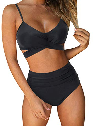DOULAFASS High Waisted Bikini Set Push Up Bikini Top Tummy Control Bikini Padded 2 Piece Bikini Black