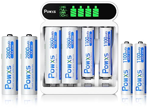 POWXS LCD 4 slot AAA AA Battery Charger - with 4 x 2800mAh Rechargeable AA Batteries& 4 x 1100mAh AAA Rechargeable Batteries, Fast Charging Function and Micro USB & Type C Input ,Battery Charger