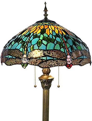 Tokira Tiffany Lampadaire Libellule Vert, E27 Lampadaire Tiffany Style Européen Adapté au Salon Chambre, Ancien Fait Main Verre Multicolore Abat-jour[Sans Ampoule]
