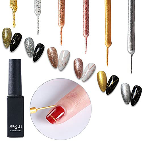 Liner Pen Gel Nail Polish Kit, Painting Drawing UV Led Gel Polish Set, Classic DIY 3D Gel Nail Paint Nail Gel Polish, Pen Tool, Pull Line Pen for Nail Manicure, Champagne Glitter Silver Rosa Gold