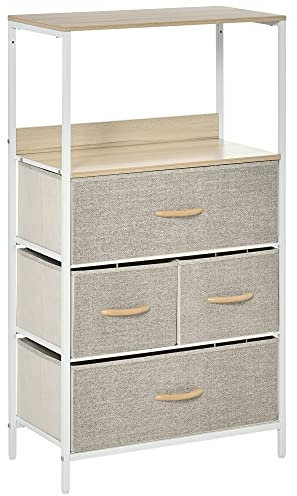 HOMCOM Commode Chambre Meuble de Rangement Commode 4 tiroirs en Tissu Pliables et Amovibles avec étagères Ouvertes et Cadre en métal, chiffonnier pour Salon, Chambre, entrée, Gris Clair