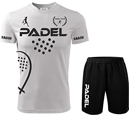 ZENA Kit Maglia Calzoncini Fluo Padel t-Shirt Paddle World Smash Tennis Gara (Bianco/Nero, 50 L IT)