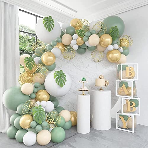 Luftballon Girlande Grün, 111 Ballons Mit Salbei Blätter, Olive Gold für Baby Shower, Babyparty, Brautparty, Hochzeit, Geburtstag Deko, Party Deko