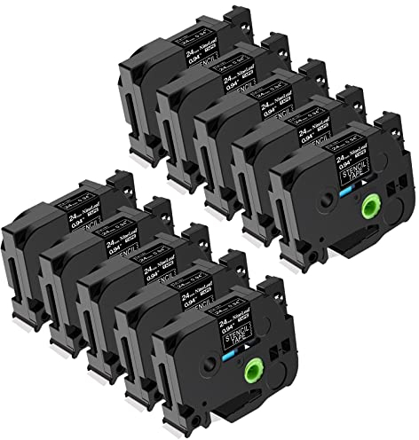 NineLeaf 10 x Kompatibel für Brother P-touch STE151 STE-151 ST-151 Schablone 24mm 0.94'' Schwarz auf Transparent Mobile Lösungen Etikettenband für Ptouch PT-D600 D600VP E500 Beschriftungsgerät