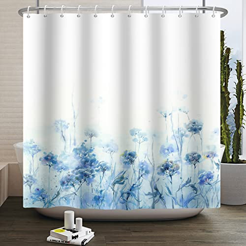Bovlleetd 180x180cm Rideau De Douche à Fleurs Bleues Paysage De Printemps Rideau De Bain botanique Rideaux De Douche en Polyester ImperméAbles avec Crochets pour DéCor De Salle De Bain