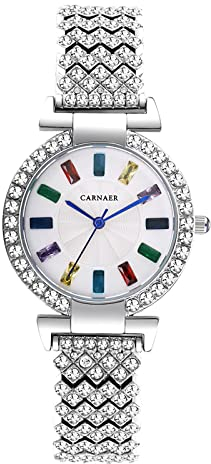 JewelryWe Uhren Damen Analog Quarz 30m wasserdichte Armbanduhr Elegant Luxus Glitzer Strass Beiläufige Uhr Damenuhr mit Metall-Armband und farbigem Diamantskala Silber