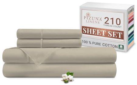 Pizuna Cotton Percale King Size Sheet Set Simply Taupe 100% Long Staple | Combed Cotton Bedding, 275x280 cm, Soft Sateen 4 Pc King Bed -fitted Flat Sheet & 2 Pillowcases