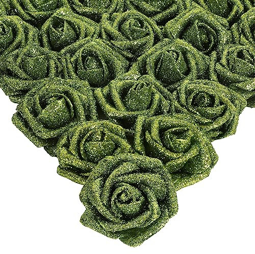IPOPU Glitter Flowers, 25pcs Glitter Roses Green Foam Flowers Foam Roses with Stems for DIY Wedding Bridal Bouquet Home Party Decoration(Green)