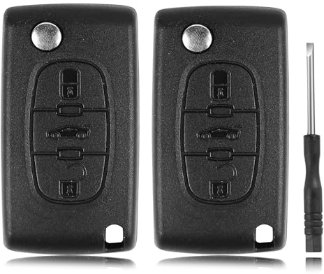 Betterher Lot de 2 Coque de clé 3-Boutons Télécommande Compatible avec Citroën C2 C3 C4 C5 Picasso Peugeot 107 206 207 307 308 406 407-avec Support de Batterie,Lames sans rainur