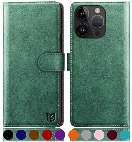 SUANPOT design for iPhone 15 Pro 6.1 inch case with [Credit Card Holder][RFID Blocking],PU Leather Flip Book Protective Cover Women Men for Apple 15 Pro Phone case Sea Green