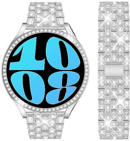 DEALELE Cinturino Compatibile con Samsung Galaxy Watch 6 40mm / Galaxy Watch 6 44mm, Bracciale in Bling Strass Diamante Metallo 20mm con Custodia Protettiva per Donna Uomo, Argento