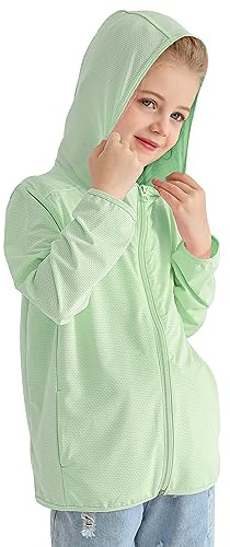 Auranso Kids Zip-Up Hoodie Girls Boys UPF50+ Sun Protection Jacket Hooded Cooling Shirt Light Green 9-10 Years