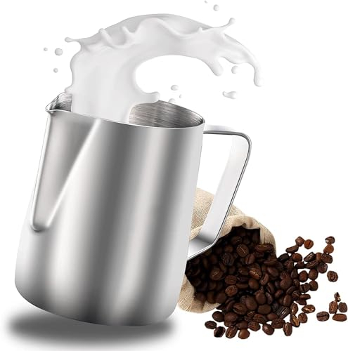 Wrobic Milchkännchen, Milk Pitcher 600ml 20 fl.oz. Milchkanne aus Edelstahl, Milch Aufschäumen für Cappuccino und Latté, Embossed Scale, Silber