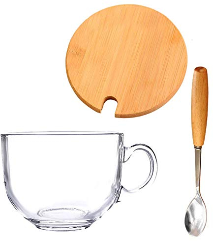 TYMYYS Large Soup Mug with Handles, Transparent Glass Coffee Cup Soup Bowls with Lid & Spoons Breakfast Cup for Oatmeal Salad Dessert Milk, Microwave and Dishwasher Safe-C-450ml/15.2oz