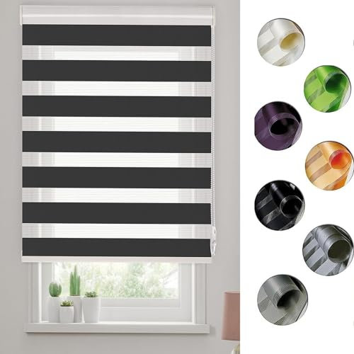 Dachfenster Rollo Verdunkelungsrollo, 100 x 280 cm Sonnenschutz und Sichtschutz, Rollo für Fenster, Zebrarollo Seitenzugrollo mit Bohren für Fenster, Schwarz