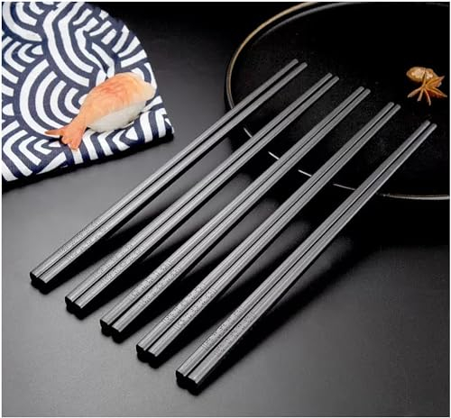 Lot de 5 paires de baguettes en fibre de verre lavables au lave-vaisselle - Antidérapantes - Noir - 24 cm - Baguettes japonaises en alliage - Réutilisables - Motif fleurs de cerisier