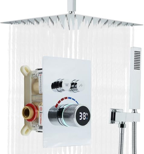 Delnet 16 Inch Ceiling Mounted Shower Mixer Set, 2 Functions Rain Shower System with Concealed LED Digital Display Shower Valve, Can be Used simultaneously, Chrome