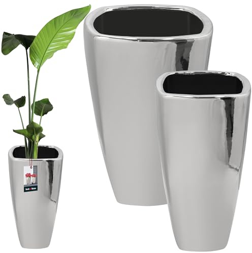 KOTARBAU Set of 2 Pots 56cm and 59cm Silver Ceramic Pots with Water Drainage | Enamelled Ceramic Flower Planter | Ceramic Flower Pot | Flower Pot with Gloss Finish