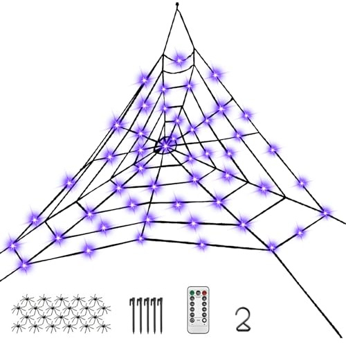 Halloween Deko Outdoor Riesen Spinnennetz Lichter 5m x 5m und Große Spinne 75cm, 8 Lichtmodi 125 LED wasserdichte Dreieck Spinnen Lichterkette für Halloween Garten Outdoor Camping (A)