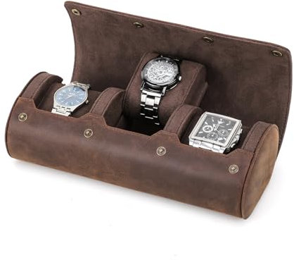 CONTACT'S FAMILY Uhren-Aufbewahrungsbox, Echtes Leder 3 Slot Uhr Schützende Rolle Fall, Uhren-Organizer für Männer und Frauen (3 Slots, Kaffee)