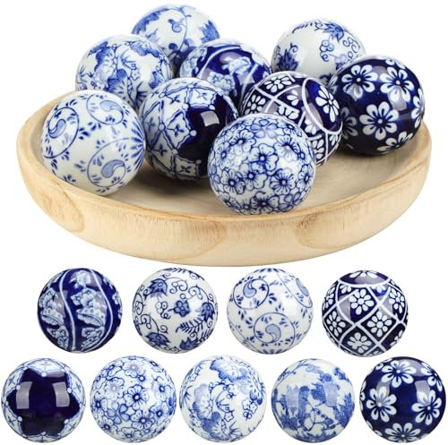 Vesici 9 Pcs Blue and White Porcelain Balls Decorative Chinoiserie Balls for Centerpiece Bowls China Ceramic Balls Farmhouse Basket Tray Vases Decoration Gifts for Dining Table Holiday(Vintage Style)