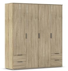 Rauch Möbel Essea, Drehtürenschrank, Kleiderschrank, Garderobe, Schrank mit Stauraum, 4-türig, 4 Schubladen, Farbe Eiche Sonoma, Holz, 168x188x52cm