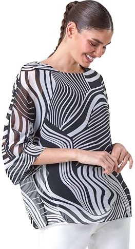 Roman Originals Overlay Top for Women UK - Ladies Summer Blouse Spring Everyday Holiday Autumn Work Winter Round Neckline Comfy Pull-On Soft Vacation 3/4 Length Sleeves - Monochrome - Size 10