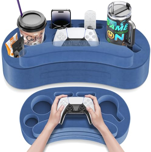 Couch Cup Holder Pillow with 6 Slots, Couch Organizer Caddy & Buddy with Customized Game Controller Hole & Armrest Pads, Removable & Washable Drink Pillow Gamer Gift for Remote, Phone, Snack