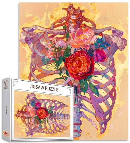 Gothic Skelett 1000 Stück Jigsaw Puzzle für Erwachsene Herausfordernde Puzzle perfekt für Spiel - Menschliche Schädel und rote Rosen 1000 Stück Puzzle Kunst für Familie Spaß Erwachsene Puzzle Spiele