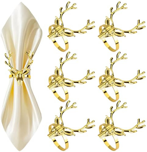 Goldfarbener Hirschkopf-Ring, Serviettenringe Weihnachten, 6 Stück Weihnachten Rentier Servietten Ringes, Napkin Rings für Weihnachten Thanksgiving Hochzeitsfeier Familienessen Ostern