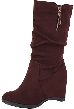 Stivali da donna alla moda in tinta unita in camoscio plissettato con zip laterale tacco zeppa stivali da donna stivali alti al ginocchio con tacco largo polpaccio, Marrone, 39.5 EU