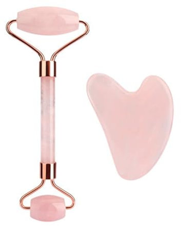 Lamkrtlp Rosenquarz Roller und Gua Sha Stein, Natural Jade Roller for Facial Massage, Gesichtsroller, Massagegerät, Gua Sha Beruhigt und Entspannt Die Haut