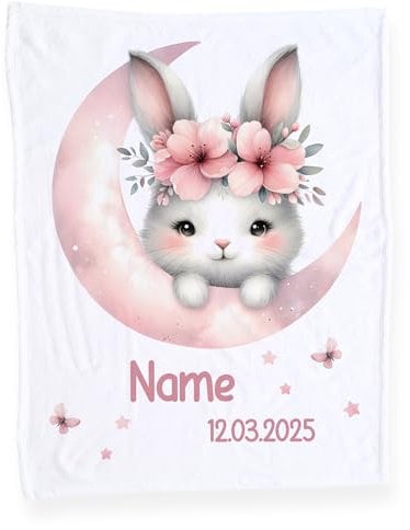 GRAZDesign Babydecke mit Namen und Datum, Weiche Kuscheldecke Hase, Schmusedecke zur Geburt als Geschenk für Mädchen