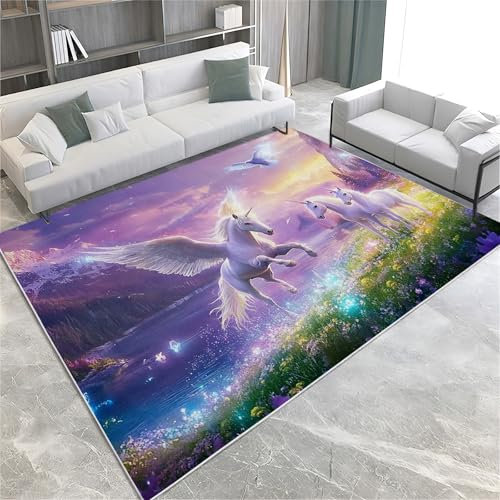 Einhörner Blumen Und Vögel Seen Berge Teppich Wohnzimmer Lila Teppich Waschbar, Rutschfester Teppich in Extra Weicher Flauschig Flanell Teppiche für Schlafzimmer und Küche 140x200 cm